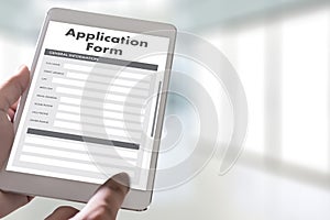 business man working on laptop computer use Online Web Job Application Form moniter photo
