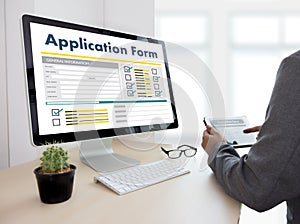 business man working on laptop computer use Online Web Job Application Form moniter