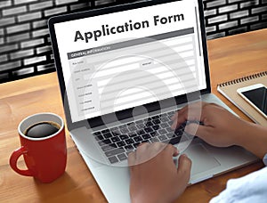 business man working on laptop computer use Online Web Job Application Form moniter