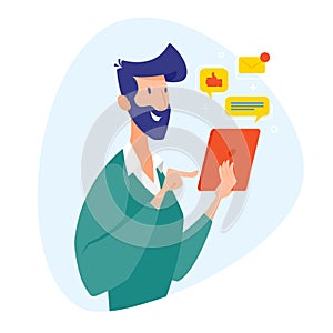 Business man working on a tablet, around the icons of messages, letters, social networks. Illustration in cartoon style