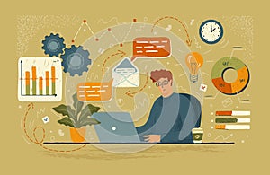 Business man works with laptop in the office. Hand drawn business concept vector illustration. Financial analyst works