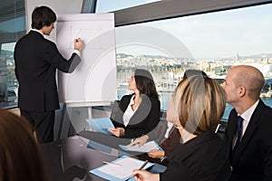 Business man writing a mathematical function calculation on a fl