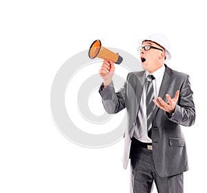 Business man yelling through a megaphone