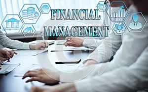 Business management concept - group of businessmen in office with digital business icons  graphic banner showing symbol of banking