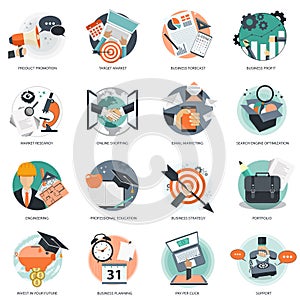 Business and management icon set for website development and mobile phone services and apps. Flat vector