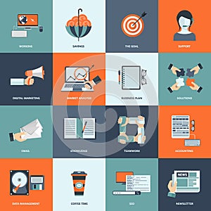 Business and management icon set for website development and mobile phone services and apps. Flat vector