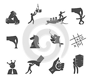 Business management icons in black and white.