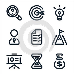 Business and management line icons. linear set. quality vector line set such as money bag, time, presentation, target, list,