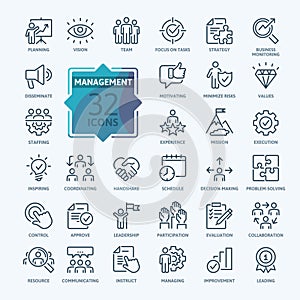 Business Management Outline Icon Collection. Thin Line Set contains such Icons as Vision, Mission, Values, Human Resource, Experie
