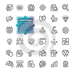 Business Management Outline Icon Collection. Thin Line Set contains such Icons as Vision, Mission, Values, Human Resource, Experie