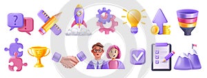 3D teamwork partner icon set, vector puzzle, person avatar, handshake, partnership project funnel.