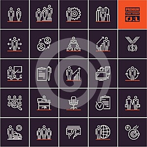 Business and management thin line icon set, business people line icons on black background