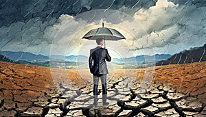 business manager with umbrella in the middle of dry cracked ground