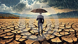 business manager with umbrella in the middle of dry cracked ground