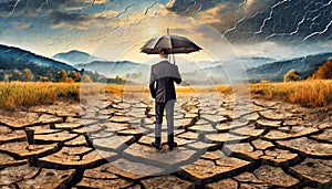 business manager with umbrella in the middle of dry cracked ground