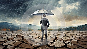 business manager with umbrella in the middle of dry cracked ground