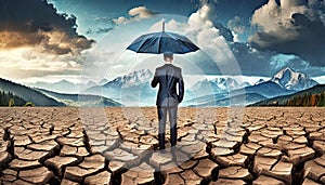 business manager with umbrella in the middle of dry cracked ground