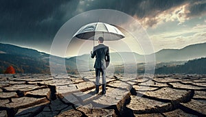 business manager with umbrella in the middle of dry cracked ground