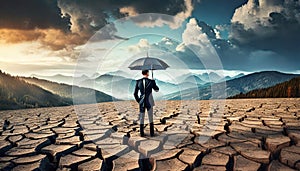 business manager with umbrella in the middle of dry cracked ground