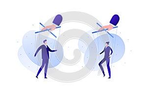 Business manipulation concept. Vector flat business person illustration. Set hand holding male and female people in suit on
