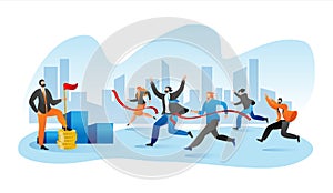 Business marathone race, businesspeople race on track flat vector illustration. Competition in team, corporate succsess