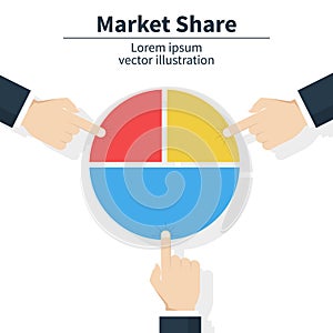 Business market share concept. Businessman holding in hand pie chart. Financial, share profit. Vector illustration flat