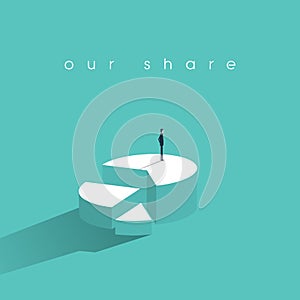 Business market share concept with businessman vector icon standing on top of pie chart.