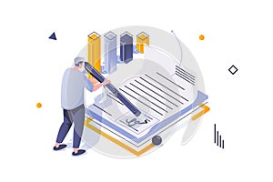 Business marketing concept in 3d isometric design. Businessman signing documents partnership agreement, getting bank deposit for