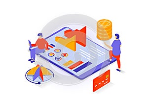 Business and marketing concept in 3d isometric design. People researching data at charts dashboard, accounting, creating strategy