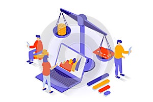 Business and marketing concept in 3d isometric design. People working in e-commerce, developing company, accounting and creating