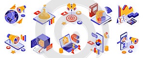 Business and marketing concept isometric 3d icons set