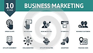 Business Marketing icon set. Collection contain tracking, code, advertiser, viral, marketing, affiliate marketing and over icons.