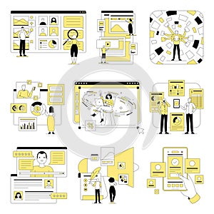 Business Marketing illustrations. Mega set. Collection of scenes with men and women taking part in business activities