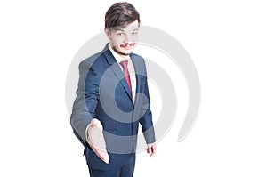 Business or marketing man making hand shake gesture