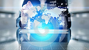 Business and marketing strategy dashboard, Data analysis control panel on virtual screen.