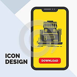 business, marketplace, organization, data, online market Glyph Icon in Mobile for Download Page. Yellow Background