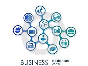 Business mechanism concept. Abstract background with connected gears and icons for strategy, service, analytics