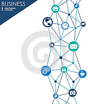Business mechanism concept. Abstract background with connected gears and icons for strategy, service, analytics, research, seo, di