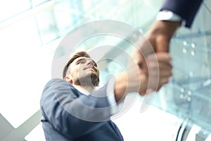 Business meeting. African American businessman shaking hands with caucasian businessman.