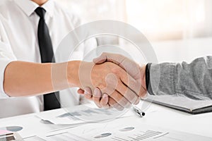 Business Meeting agreement Handshake concept, Hand holding after finishing up dealing project or bargain success at negotiation