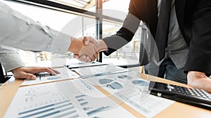 Business Meeting agreement Handshake concept, Hand holding after finishing up dealing project or bargain success at negotiation ov