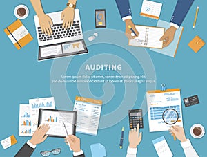 Business meeting, audit, calculation, data analysis, reporting, accounting. People at work. Human hands on a table with documents