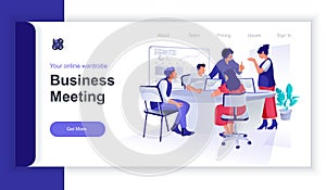 Business meeting concept 3d isometric web banner with people scene. Colleagues discussing at conference, researching report