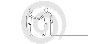 Business meeting concept. Continuous line art drawing of people community with shaking hands vector illustration