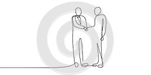 Business meeting concept. Continuous line art drawing of people community with shaking hands vector illustration