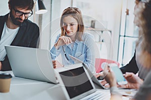 Business meeting concept.Coworkers team working at modern sunny office.