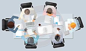Business meeting concept. Vector illustration in an aerial view with people sitting around a conference table with blank copy spac