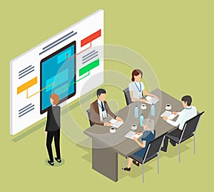 Business meeting, conference, people sitting around of table with papers, new model of device