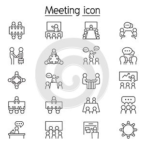 Business meeting, conference, seminar & Interview icon set in thin line style