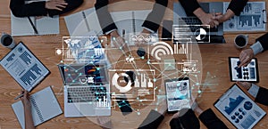 Business Meeting with Data Visualization, Analyzing Charts, Graphs, Digital Interaction, Collaboration, and Strategy